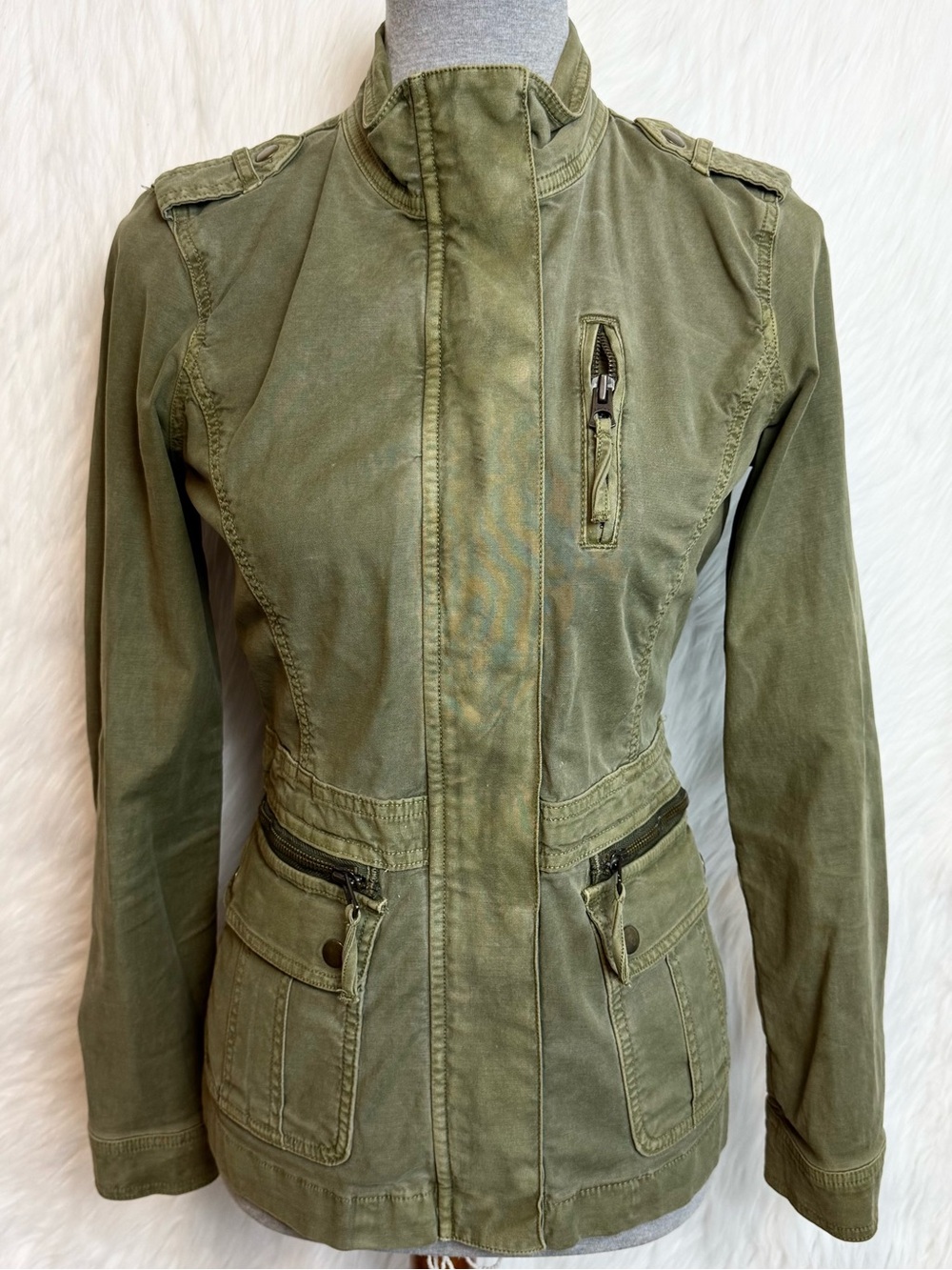 Lucky Brand Army Green Utility Military Jacket Zip Up Cotton Pockets Fitted